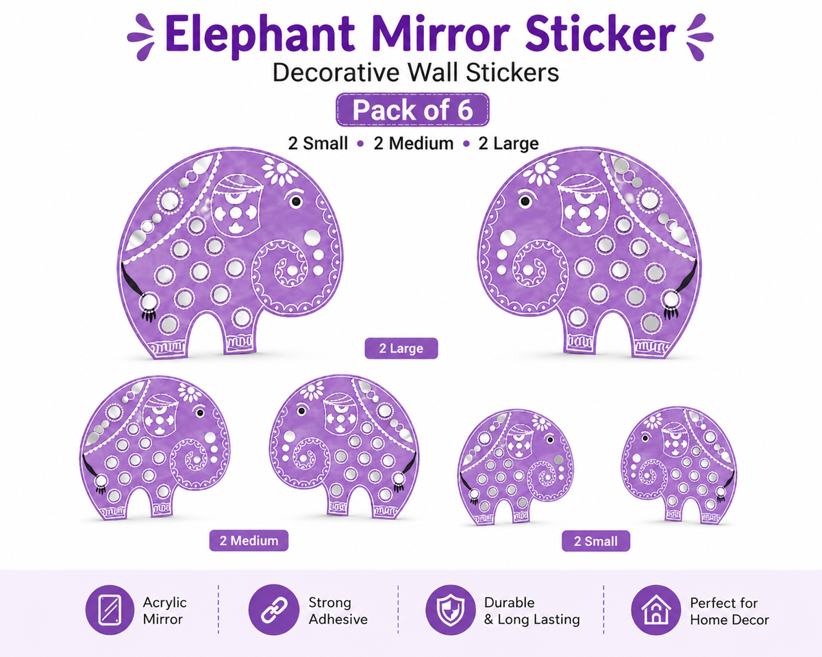 KLD 3107 Pack of 6 Elephant Acrylic Mirror Wall Stickers (2 Large + 2 Medium + 2 Small) | Decorative DIY Home & Living Room Wall Decor | Self-Adhesive Mirror Decals random colours