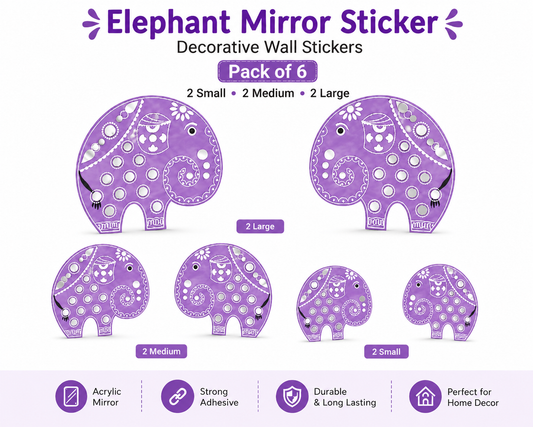 KLD 3107 Pack of 6 Elephant Acrylic Mirror Wall Stickers (2 Large + 2 Medium + 2 Small) | Decorative DIY Home & Living Room Wall Decor | Self-Adhesive Mirror Decals random colours