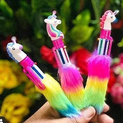 11210 6 in 1 Unicorn Fur Pen for Kids | Rainbow Unicorn Fur Retractable Ballpoint Pens Ball Pen