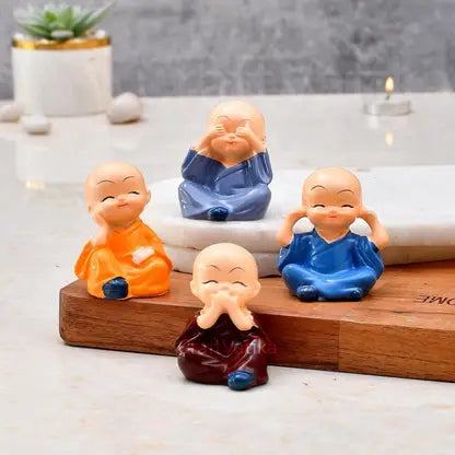 11301 Buddha Monk Set Statue Home Decor Figurines, Set of 4 Pieces, Assorted Colours