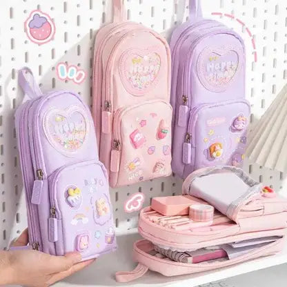 CK-161 Kawaii Pencil Pouch 3 Compartment Cute Pencil Poucha Aesthetic Pencil Box for Girls Large Capacity Pen Pencil Pouch Multifunctional Stationery Organizer for School Office