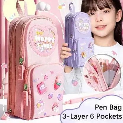 CK-161 Kawaii Pencil Pouch 3 Compartment Cute Pencil Poucha Aesthetic Pencil Box for Girls Large Capacity Pen Pencil Pouch Multifunctional Stationery Organizer for School Office