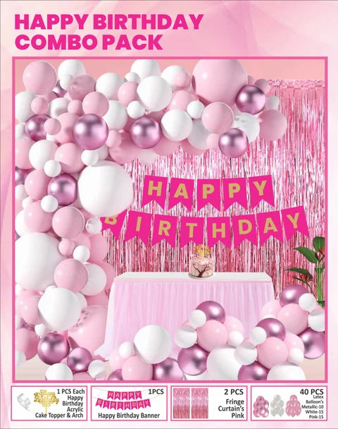 20668 The Decor Queen Pink Happy Birthday Pink Combo Pack 44 Pcs  Decoration Item