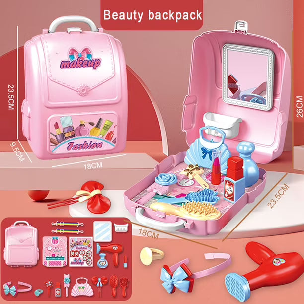 133A Pretend to Play Set Toys Simulation Jewelry Dressing Table Toothbrush Tool Set Kitchen Tableware with Backback Box for Boys Girls White