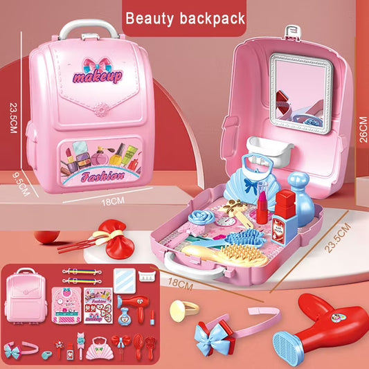 133A Pretend to Play Set Toys Simulation Jewelry Dressing Table Toothbrush Tool Set Kitchen Tableware with Backback Box for Boys Girls White