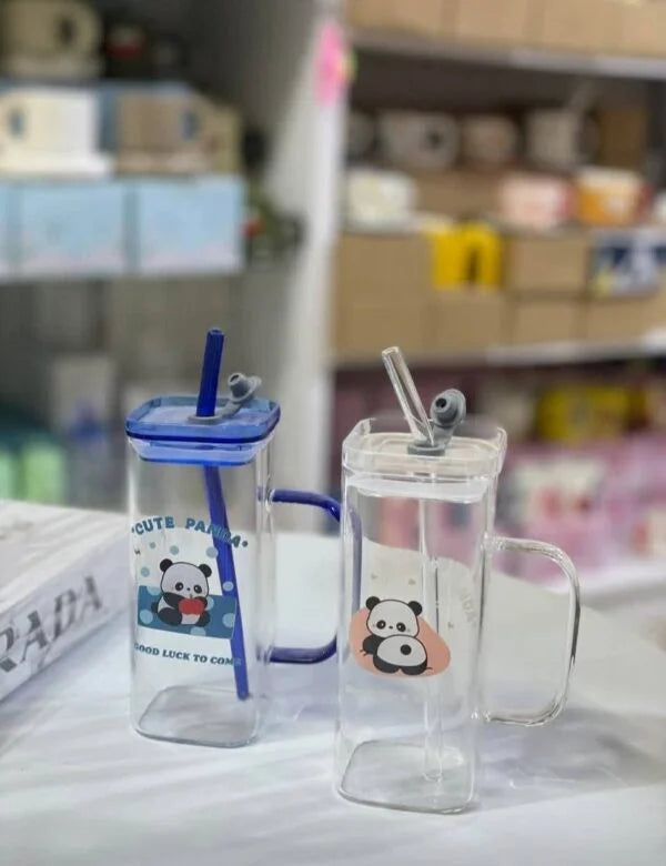 20039 Panda Glass Tumbler Sipper Bottle with Sipper Lid (500 ml) Random Color