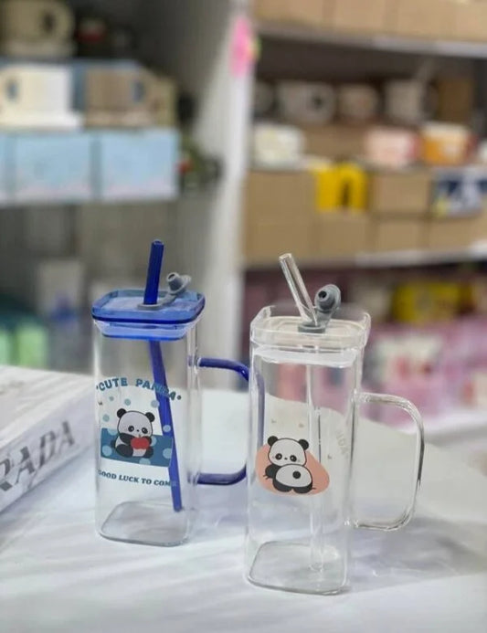 20039 Panda Glass Tumbler Sipper Bottle with Sipper Lid (500 ml) Random Color