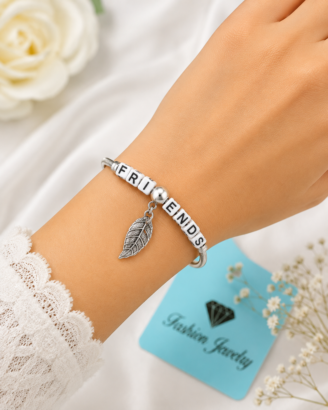 20798 Friends Letter Beaded Charm Bracelet for Women & Girls | Silver Plated Friendship Bracelet with Leaf Charm | Adjustable Fashion Jewellery Gift