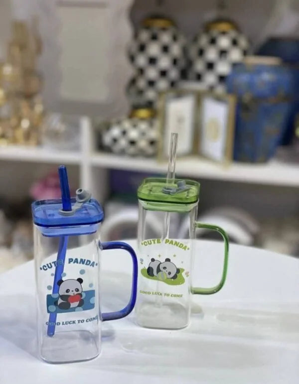 20039 Panda Glass Tumbler Sipper Bottle with Sipper Lid (500 ml) Random Color