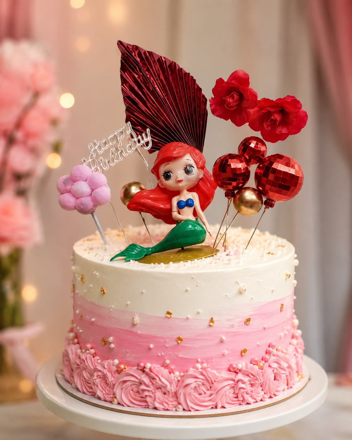20880 Premium Mermaid Birthday Cake Topper Decoration Set | Happy Birthday Topper, Decorative Balls & Flowers | Cake Decoration Kit for Girls Birthday Party {Random Caracter}