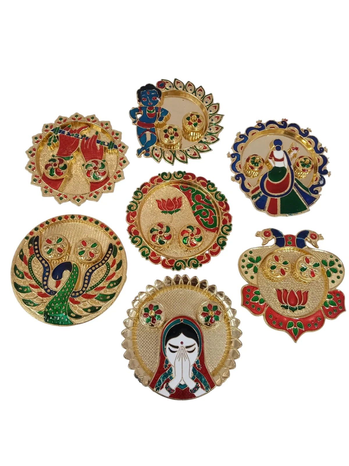 11351 Traditional Handcrafted Gold Plated Plastic Thali Haldi kumkum Chandhan Holder Plate with Lid for Pooja {Random Design}