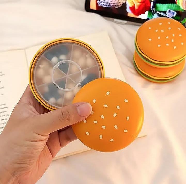 WS501 Cute Burger Shape Pill Box, Portable Mini Medicine Organizer for Daily Use