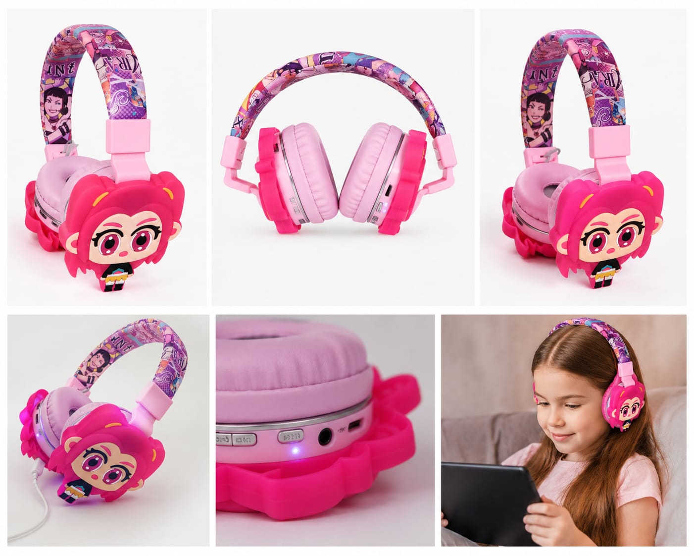 AH-706V K-Pop Rumi Mira Zoey Wireless Cartoon Headset Cute Anime Earphone HiFi Sound Stereo Headphone for Children Kids Birthday Gift