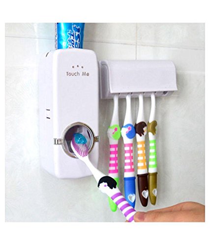 JX-200 Hands Free Wall Mounted Plastic Dust Proof Automatic Toothpaste Dispenser & Detachable Hole 5 Toothbrush Holder