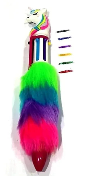11210 6 in 1 Unicorn Fur Pen for Kids | Rainbow Unicorn Fur Retractable Ballpoint Pens Ball Pen