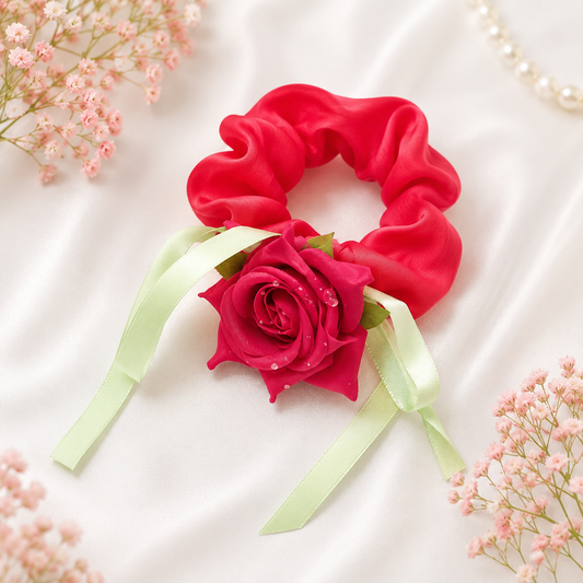 4125 Rose pink colour Hair Tulip flower Scrunchie/Rubber band with Decorative Green Ribbons, Rose pink colour {Multicolor}