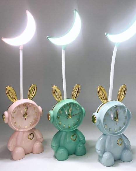 HD-3419 Cute Bunny Desk Clock with LED Moon Lamp, Pink and Gold Accents