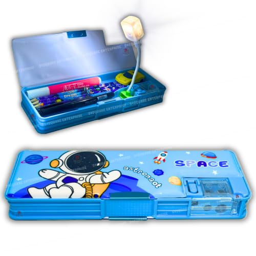 20435 Plastic Pencil Box with LED Light| Compartments and Dual Sharpener, Magnetic Lock, Pencil Box for Boys (Random Design)