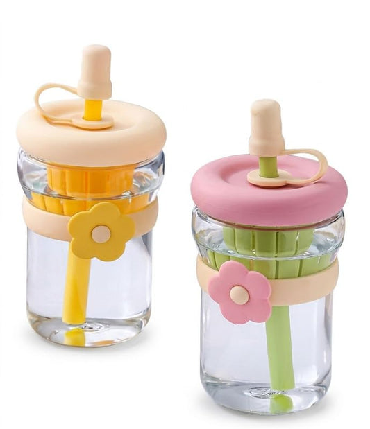 20723 500ml Glass Sipper Bottle with Flower Band | Leakproof Straw Bottle with Built-in Juicer | Cute Aesthetic Drinkware for Kids & Adults (Multicolor)