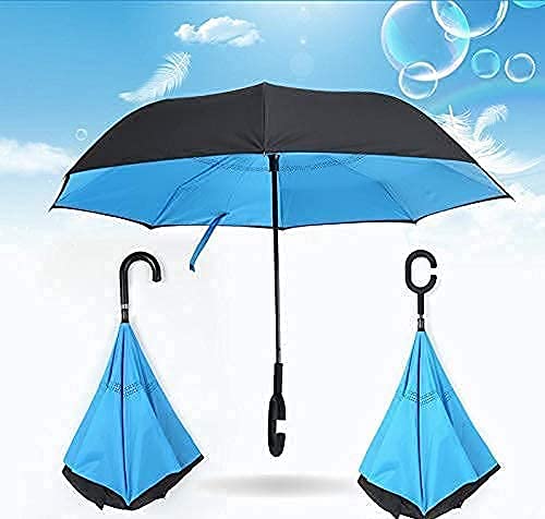 20769 Folding Umbrella with C-Shaped Handle | Inverted Double Layer Windproof Umbrella | Self Standing Drip-Free Design | Waterproof Travel Umbrella for Men & Women {Random color}