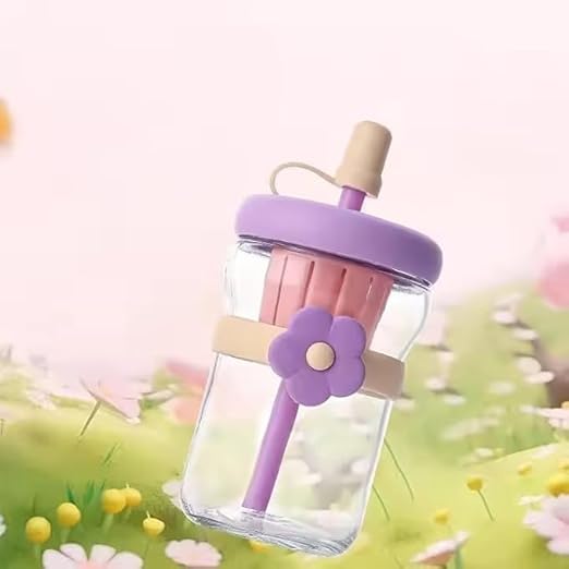 20723 500ml Glass Sipper Bottle with Flower Band | Leakproof Straw Bottle with Built-in Juicer | Cute Aesthetic Drinkware for Kids & Adults (Multicolor)