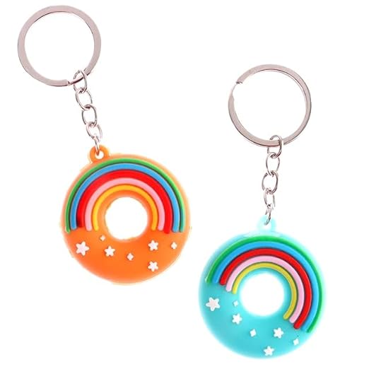 20506 {Pack of 12 } Rainbow & Stars Detail Donut Shape Keychain PVC Soft Doughnut Key Chains for Car, Scooty, Girls Boys Gifts, Birthday, Charm Sweet Keychain, Bag Pendant