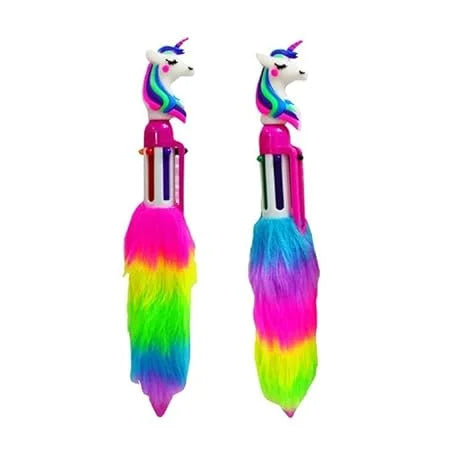 11210 6 in 1 Unicorn Fur Pen for Kids | Rainbow Unicorn Fur Retractable Ballpoint Pens Ball Pen
