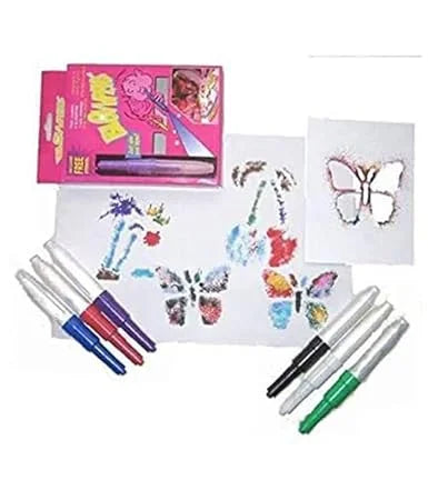 117 Magic Blow Pens Set of 6 Pc Colour Spray Blowpen with Sketch Pens at One End and Blow Pens at Other 3 Paper Stencils Washable