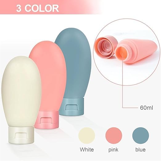 20739 (3 PCS) Travel Bottle Set 60ml Empty Silicone Plastic Shampoo Shower Gel Lotion Refillable Liquid Container Squeeze Cosmetic Portable Tube Small Size Leakproof for Travelling
