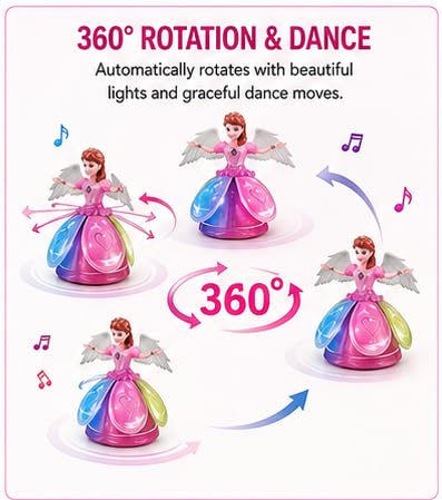 LD 131A Angel Girl Dancing Doll with Lights & Music | 360° Rotating Princess Toy for Kids | Colorful LED Musical Toy | Bump & Go Action