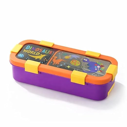 20482 Stainless Steel Kids Lunch Box 2 Compartment 600 ml Purple Astronaut Cartoon Design Tiffin Box with Spoon & Fork for School Leak Proof Resistant BPA Free Boys & Girls {Random Design}