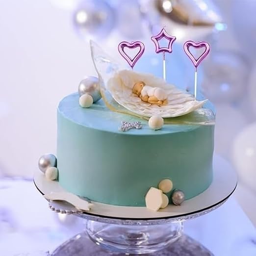 20764 Heart & Star Shaped Hot Stick Cake Candles -3PC, Candles for Birthday Decoration, Anniversary Baby Shower, Valentine Party {Random Color}