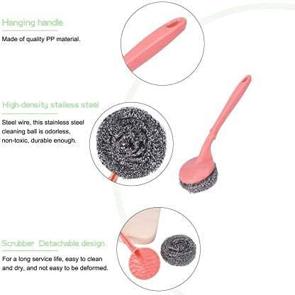 20973 Stainless Steel Scrubbers with Handle - 1 Handles + 3 Scrubber - Cleaning Ball Utensil Metal Scrubber Scouring Pads Ball for Pot, Pan, Dish Wash, Cleaning Rust, Dirty Cleaner {Muticolor}