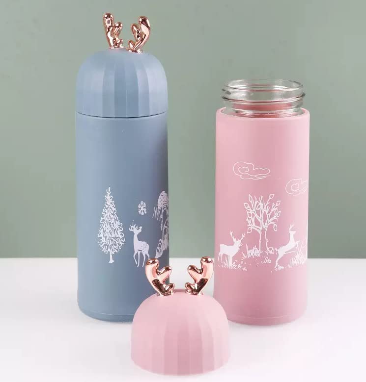 20356 Deer Shape Glass Water Bottle/Double-Layer Insulation Cup for Kids & Adults/Thermos Flask Hot & Cold Water Bottle (380 ML) Multicolor