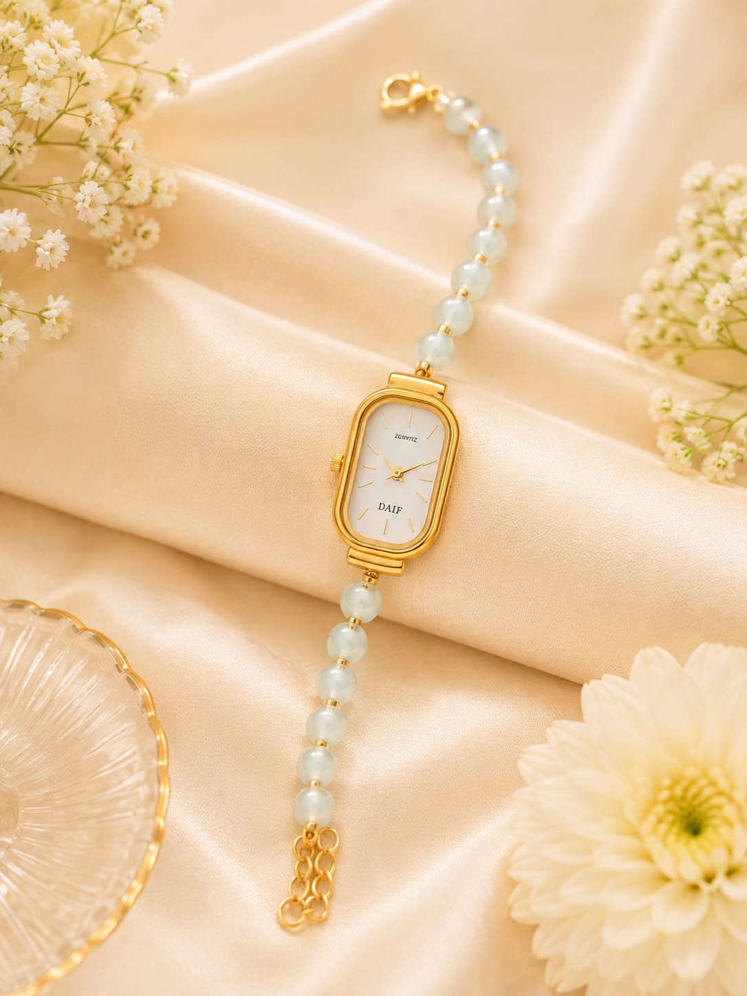 21076 Elegant Pearl Beaded Wrist Watch for Women & Girls – Stylish Gold-Tone Bracelet Watch