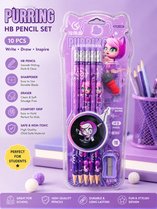 50272 School 10 Pcs Pencil with Sharpener & Eraser Set  {Random Color}