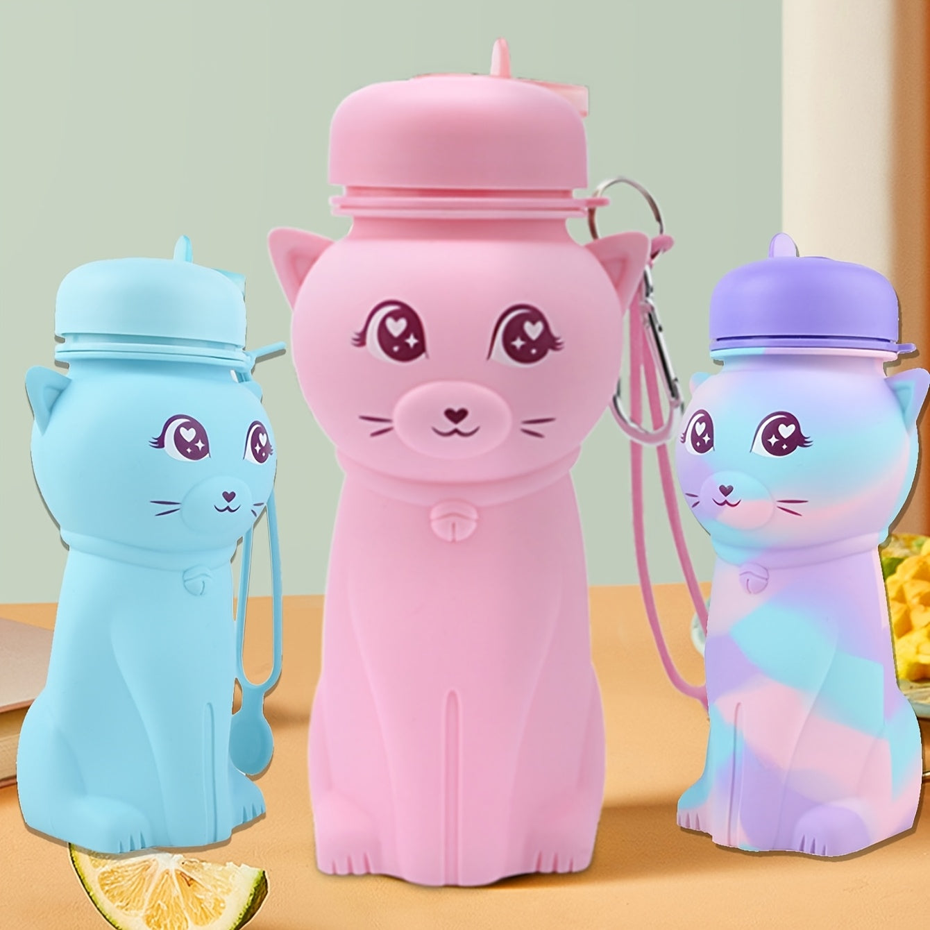 20711 Water Bottle for Kids,Cute Water Bottles -kawaii Cat Appearance - Portable Leak Proof with Roll Up Foldable Silicone Features for Sports {Random Color}
