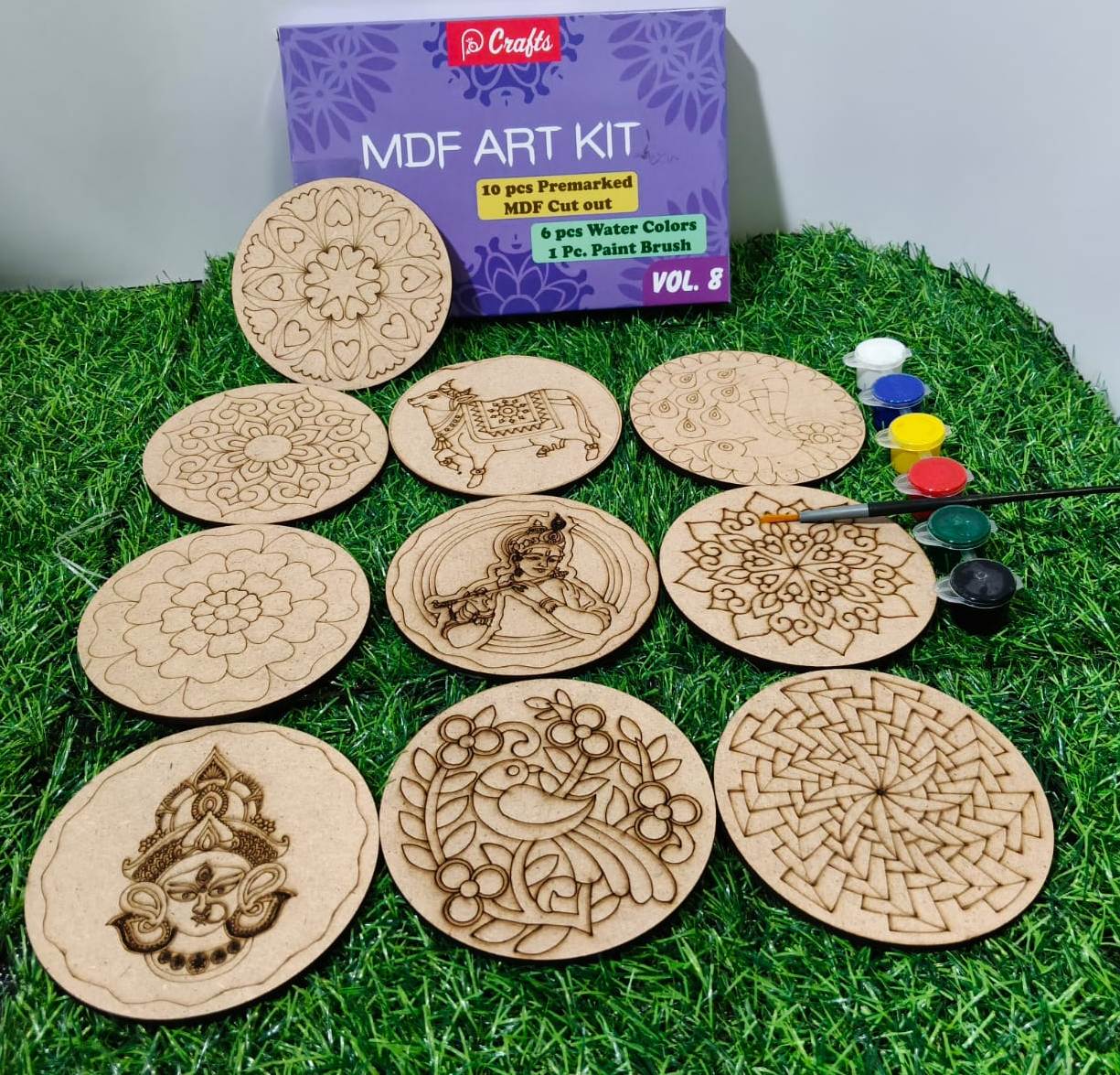 20967 (10 PCS) DIY MDF Art Kit with 10 Pre-Marked Round Coasters, 6 Water Colors & Paint Brush | Wooden Painting Craft Kit for Kids & Adults