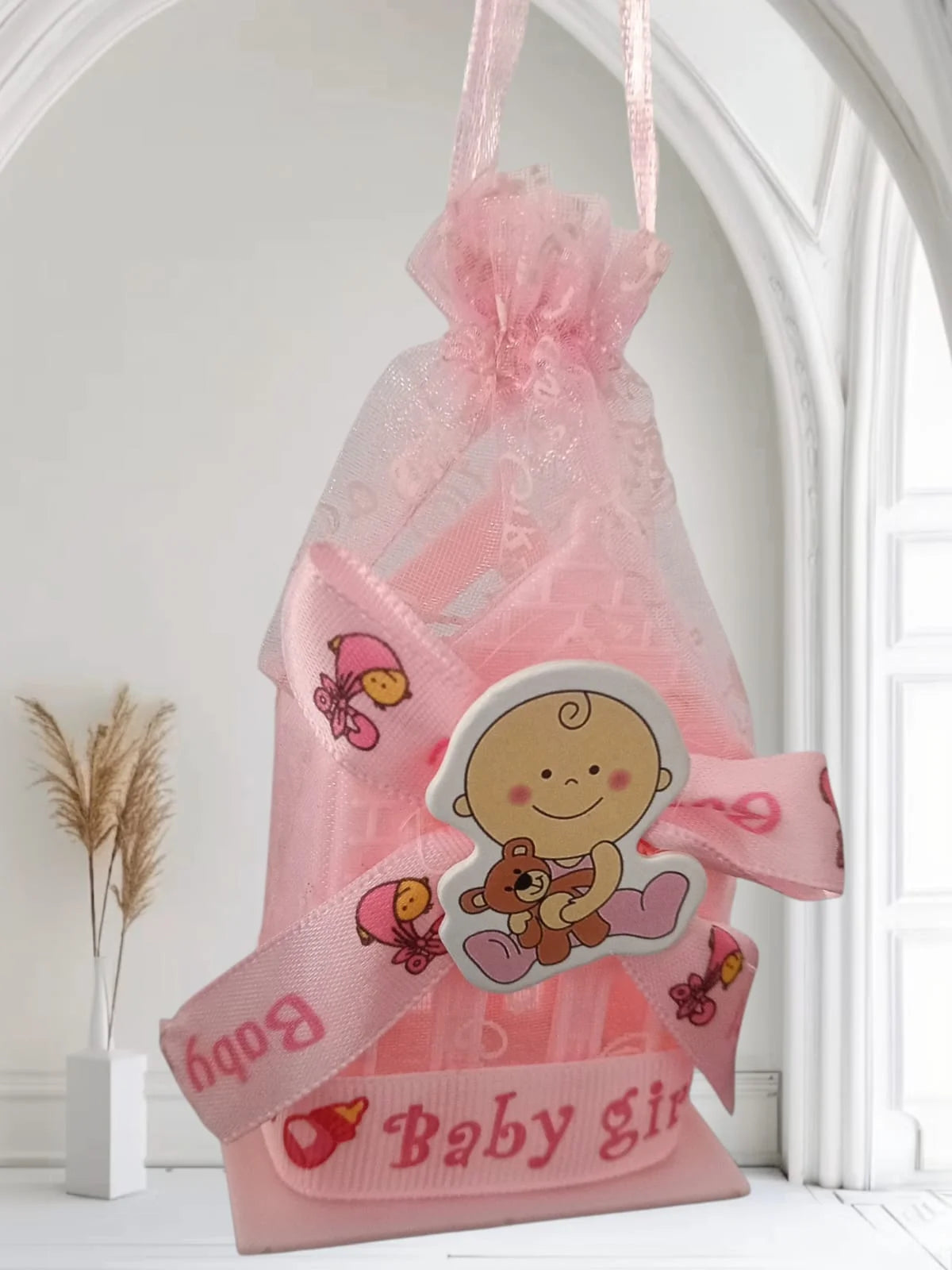 11089 {12 Pcs} Home Shapes Baby Shower Candy Bags Candy Wedding Favors Bags Pink Colour