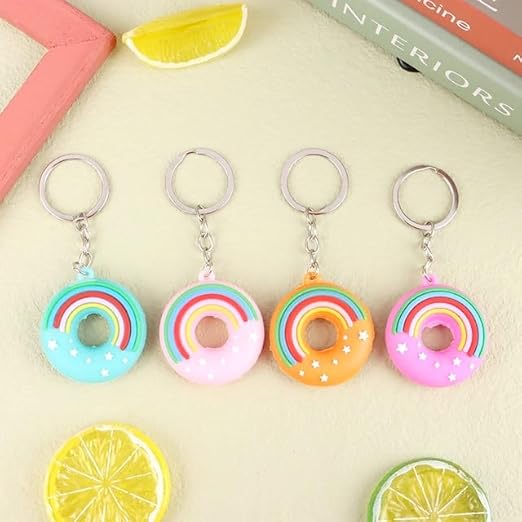20506 {Pack of 12 } Rainbow & Stars Detail Donut Shape Keychain PVC Soft Doughnut Key Chains for Car, Scooty, Girls Boys Gifts, Birthday, Charm Sweet Keychain, Bag Pendant