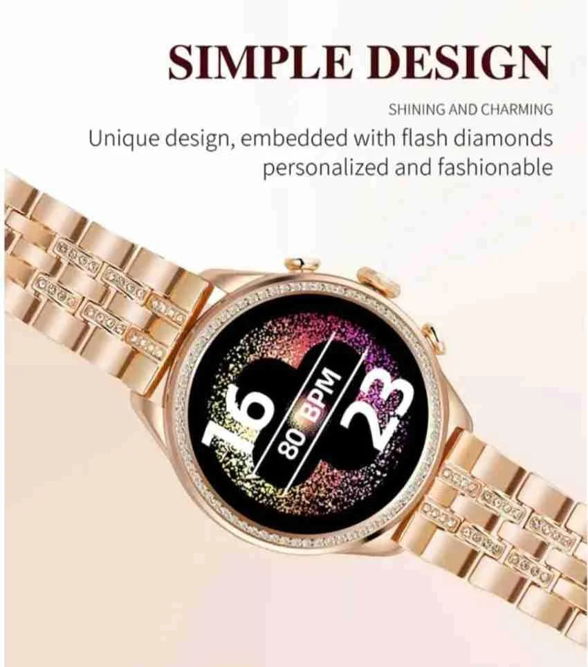 GEN 9 Golden Round Diamond Smartwatch for Women | Ultra Luxury Rose Gold Bracelet Smart Watch Bluetooth Call, Wireless Charge, Fashionable Fitness Tracker-Golden Version