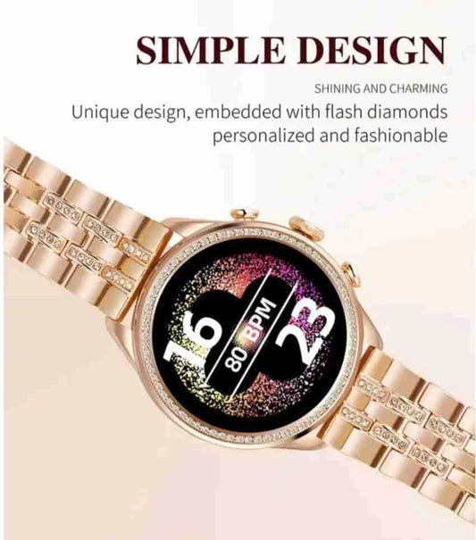 GEN 9 Golden Round Diamond Smartwatch for Women | Ultra Luxury Rose Gold Bracelet Smart Watch Bluetooth Call, Wireless Charge, Fashionable Fitness Tracker-Golden Version