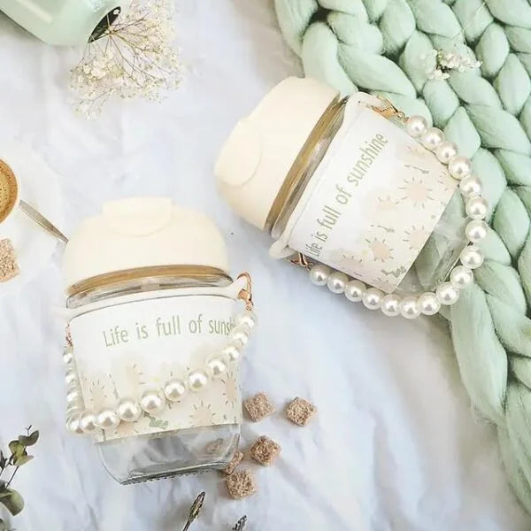 20068 Cute Pearl Cup, with Tote Chain Double Drink Straw for Summer Girls Coffee Water Cup, Tulip Glass Water Cup