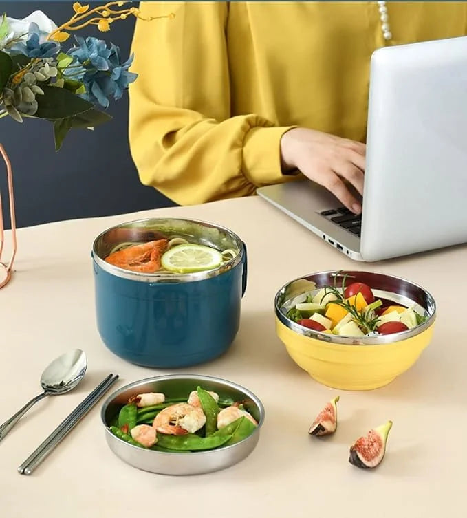 GBR-135 Double Layer Stainless Steel Noodle & Soup Bowl with lid and Handle, Tableware Infant Pasta, Soup, Rice, Food Storage Container for Kitchen
