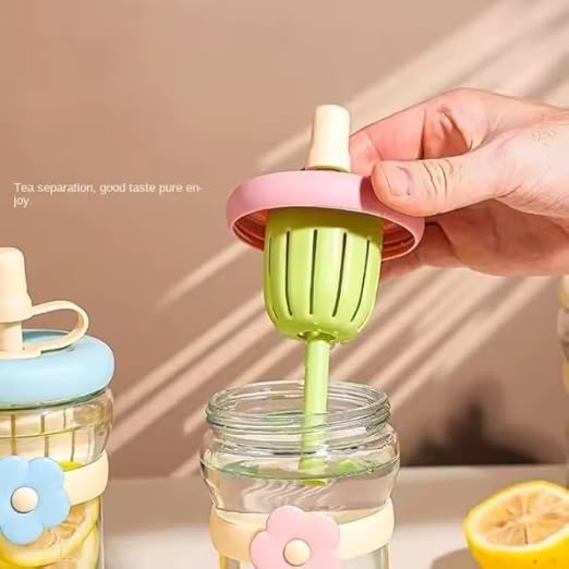 20723 500ml Glass Sipper Bottle with Flower Band | Leakproof Straw Bottle with Built-in Juicer | Cute Aesthetic Drinkware for Kids & Adults (Multicolor)