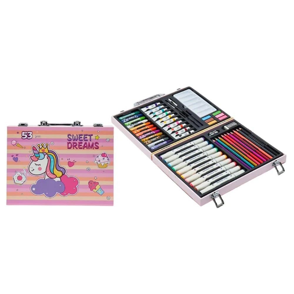 10755 Sweet Dreams Art Set, 53 Pieces, Unicorn Theme, Includes Palette, Powder, Brush, Watercolor Paint, Oil Painting Stick, Eraser, Pencil Sharpener, Color Lead