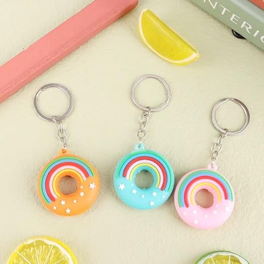 20506 {Pack of 12 } Rainbow & Stars Detail Donut Shape Keychain PVC Soft Doughnut Key Chains for Car, Scooty, Girls Boys Gifts, Birthday, Charm Sweet Keychain, Bag Pendant