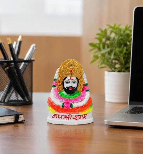 009-1 Khatu Shyam Baba Marble Idol | Hand-Painted Decorative Murti for Home Temple, Office Desk & Car Dashboard