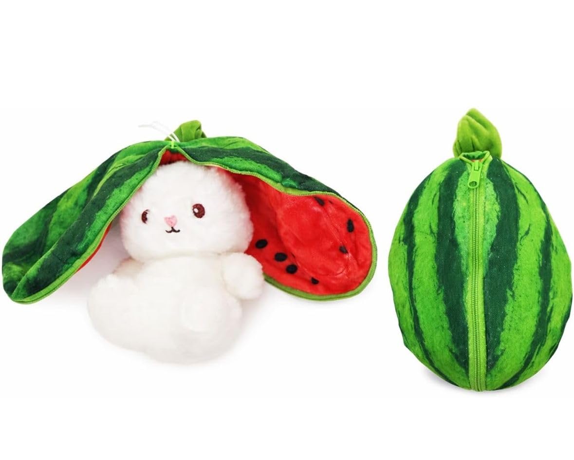 20339 Reversible Rabbit Soft Plush Toy for Baby Girls – Green Watermelon Bunny Teddy with Zipper | Cute Stuffed Plushie Birthday Gift Décor for Toddlers & Kids