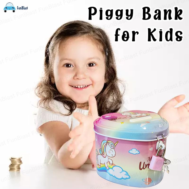 20368 FunBlast Piggy Bank for Kids – Saving Tin Coin Bank with Lock and Key – Birthday Return for Boys & Girls, Money Bank, Coin Box for Kids {Random Design}